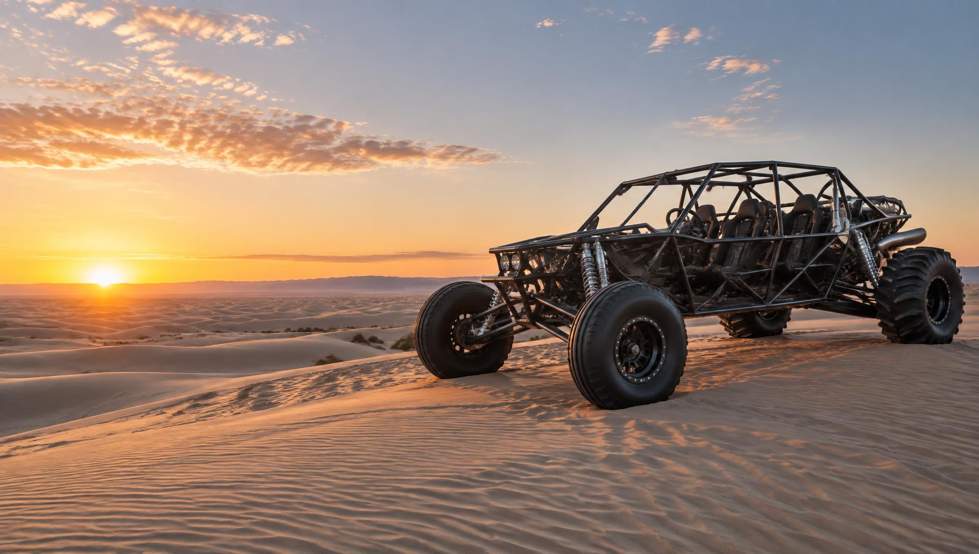 Sand rail buggy with tube chassis on dunes at sunrise