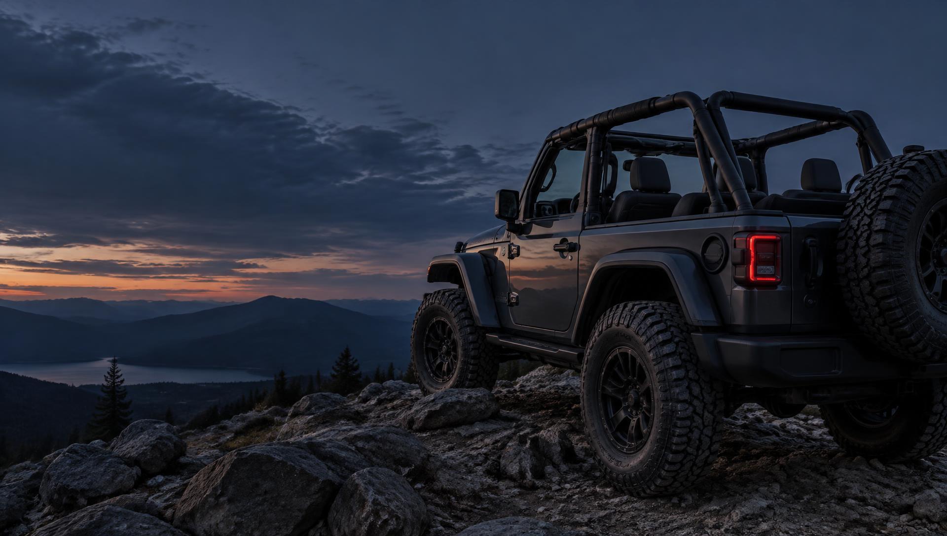 Open-top Jeep with exposed roll bar on a rocky mountain trail at dusk